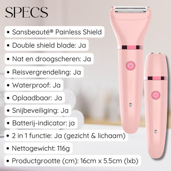 2-in-1 Ladyshave Gezicht - Oksels - Benen - Bikinilijn - Sansbeauté® - Scheerapparaat Vrouw - Ontharingsapparaat Electrisch Ontharen - Gezichtsontharing Dames - Trimmer Vrouw - Ladyshaves Bikini - USB Oplaadbaar