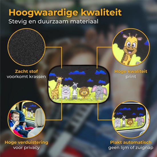 Nuvance Zonnescherm Auto - 2 Stuks - met UV Protectie voor Baby en Kind - Zonwering Zijruiten - Zelfklevend - One Size - Dieren