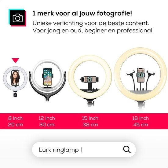 LURK ringlicht studioset 8 inch met verstelbaar statief, microfoon en afstandsbediening -  zwart