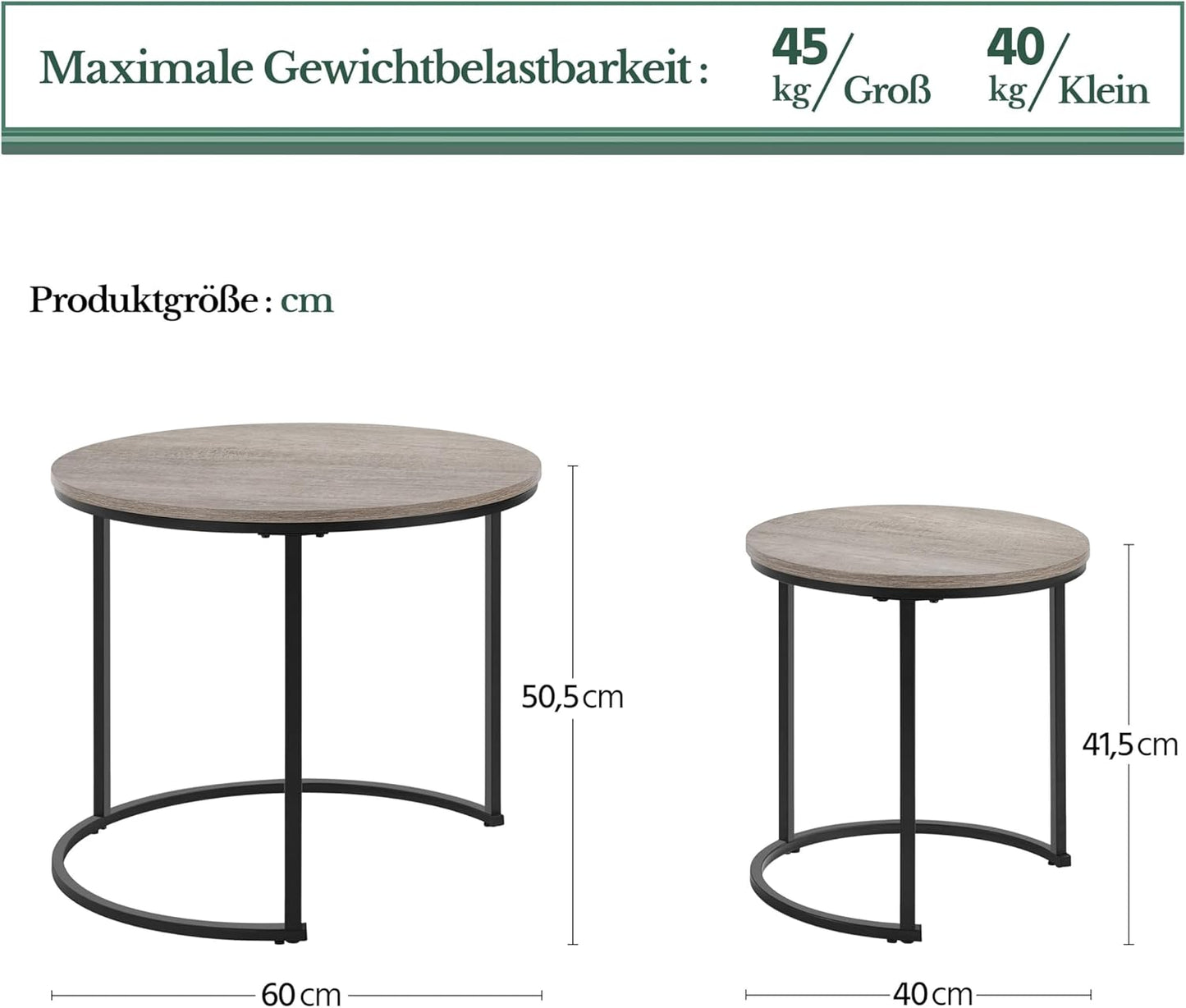 Yaheetech Salontafel Set van 2 Ronde Bijzettafels met Metalen Frame - Eiken Houtkleur