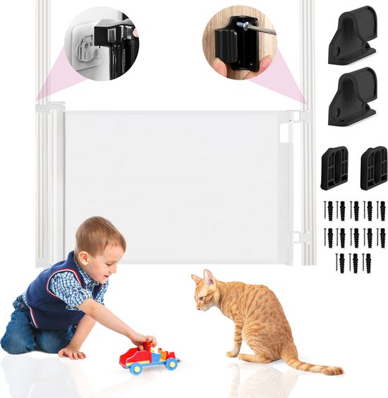 Oprolbaar Traphekje met stickerfunctie - Veiligheidshekje - Verstelbaar - Hondenhekje - Traphekje zonder boren - Kinderhekje - Voor dieren en kinderen - 10 tot 150 cm breed - Wit - Sweet Sprout