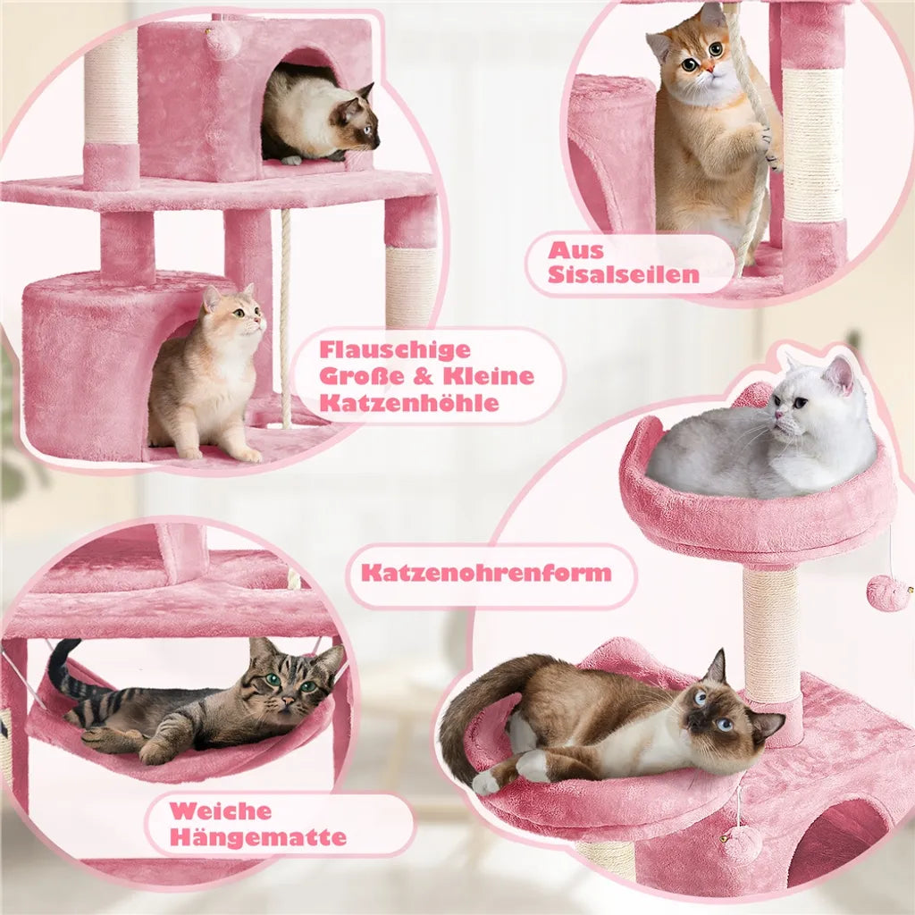 Yaheetech Krabpaal 158 cm - Roze - Kattenboom met 2 Kattengrotten, Hangmat en Sisalpalen