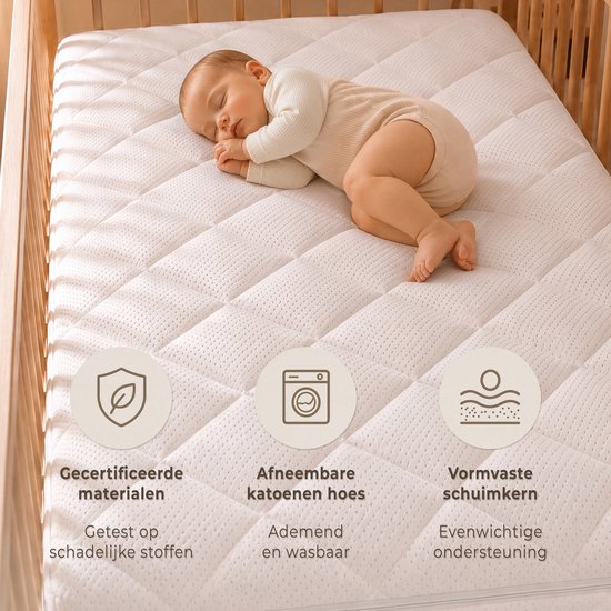 CozySense® Babymatras 70x140 cm – Ledikant Matras – Babymatrassen – Ademend Katoen – afneembare hoes – OEKO-TEX® & CertiPUR-US® gecertificeerd – 10 cm