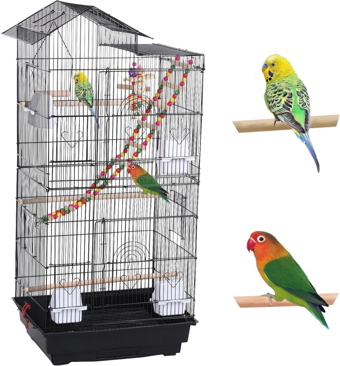 Yaheetech Vogelkooi Met Speeltuin – 46 x 35,5 x 99 cm – Voorzien Van Uitneembare Bodemplaat En Draadsloten En Complete Accessoireset – Voor Parkieten En Kanaries – Zwart Metaal En Hout
