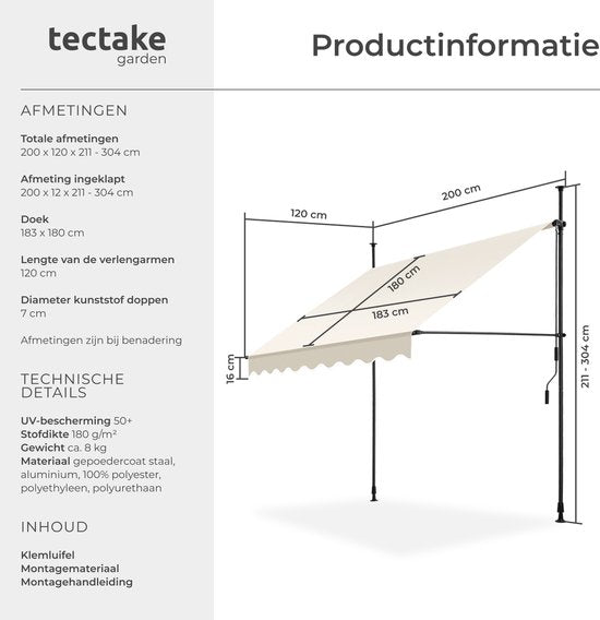 tectake Klemluifel - Zonnescherm - 200x180cm - Beige