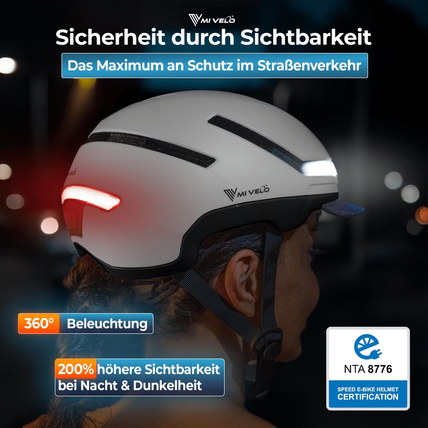 MiVelo Nova fietshelm - wit maat M 54-58 cm - led verlichting voor en achter - NTA 8776 tot 45 km/h