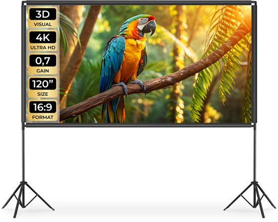 tectake® Beamer Scherm - 120 Inch (305 cm) - 16:9 Projectiescherm met Dubbel Statief - 4K HD - Oprolbaar - Uittrekbaar - Projectiedoek - Presentatiescherm - Home Cinema - Inclusief Draagtas