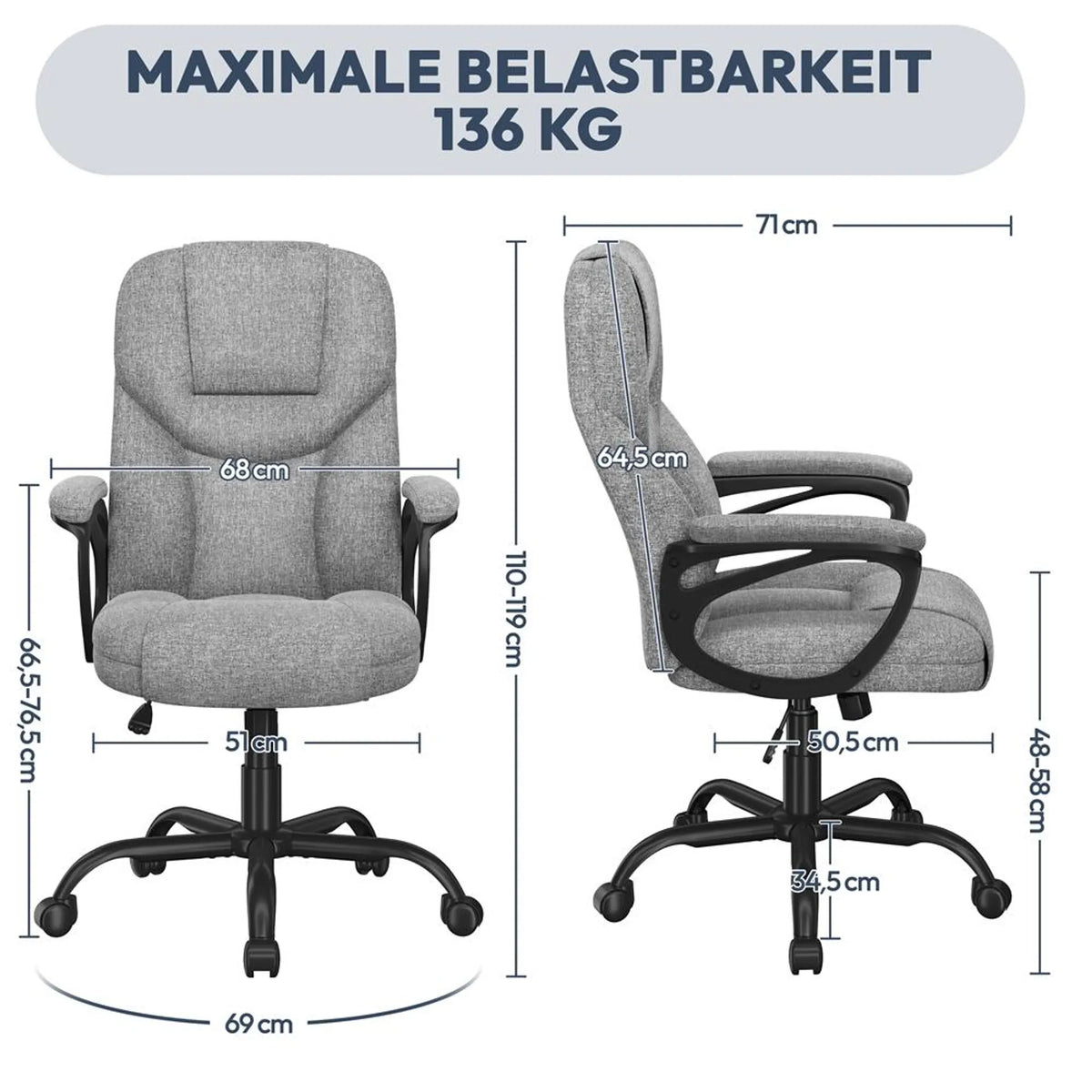 Ergonomische Bureaustoel met Armleuningen 360° Draaibaar In Hoogte Verstelbaar en Schommelfunctie Grijs