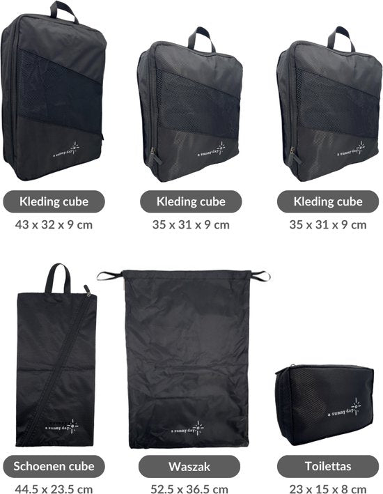 a sunny day Packing Cubes - Bagage Organizers - 6 delig - Backpack Organizer - Compression Cube - Packing Cubes met Compressierits - Zwart