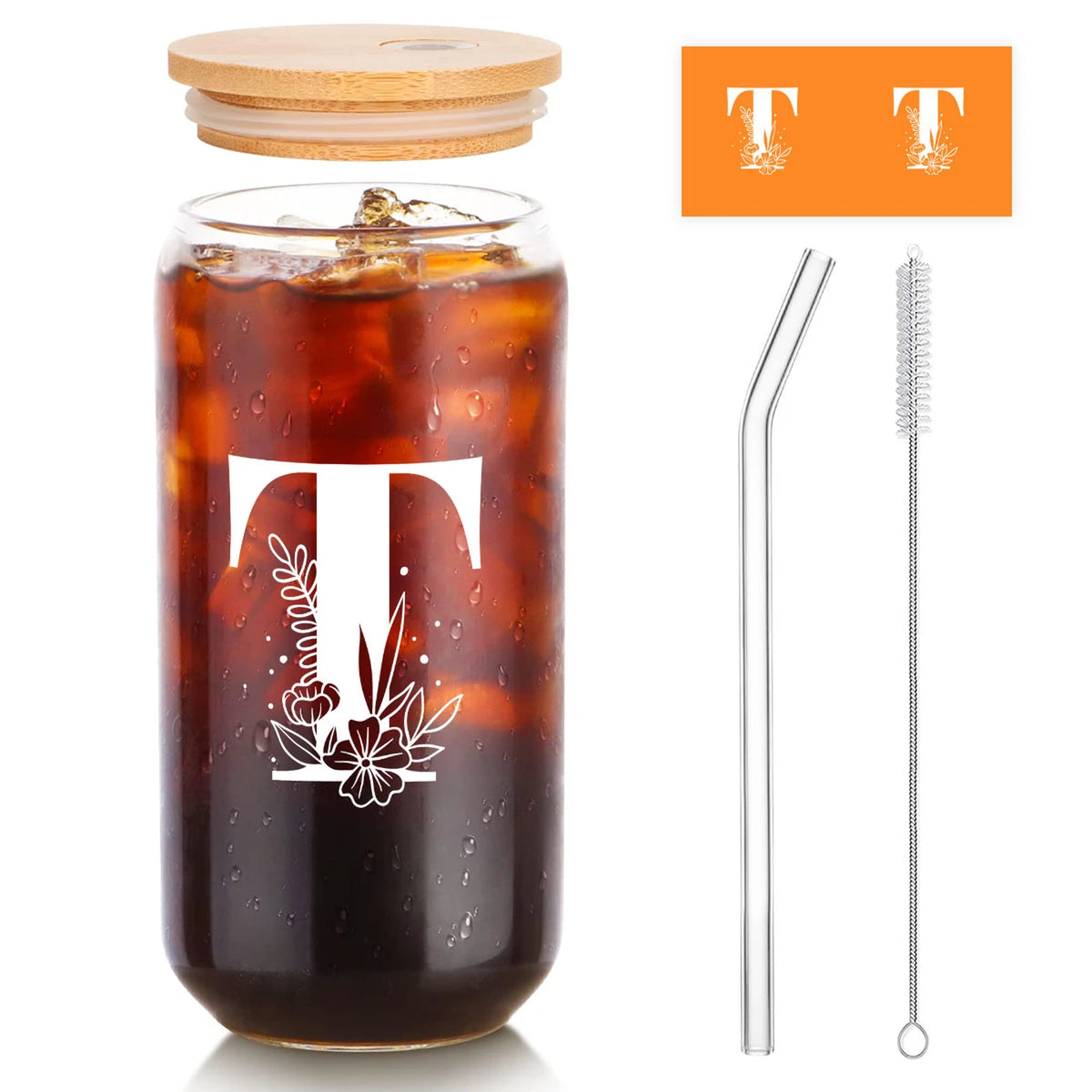 Alphynix IJskoffieglas met Monogram T - Inclusief Bamboe Deksel & Rietje