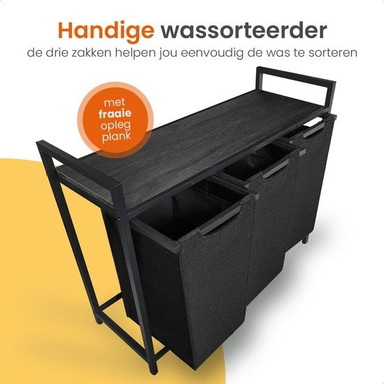 Goliving Wassorteerder – Wasmand met 3 vakken – Wasbox – Oxfort textiel/Metaal/Hout – 3 x 38 Liter – 25 x 92.5 x 71 cm – Zwart
