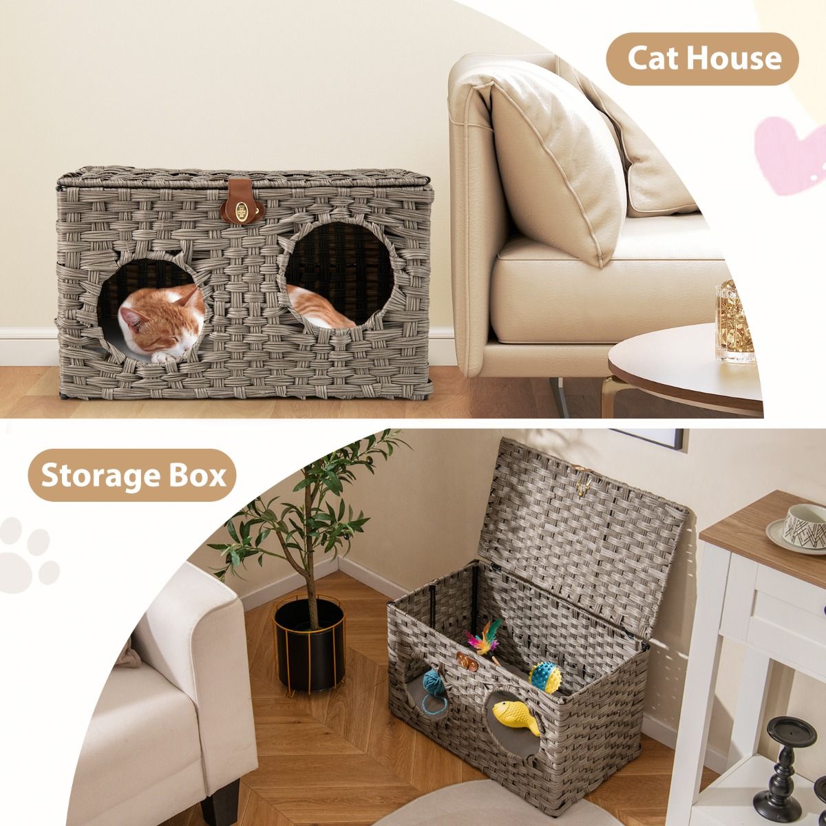 Coast Kattenhuis van riet - opvouwbaar kattenbed - afneembaar kussen - afsluitbaar deksel - 60 x 35 x 35 cm