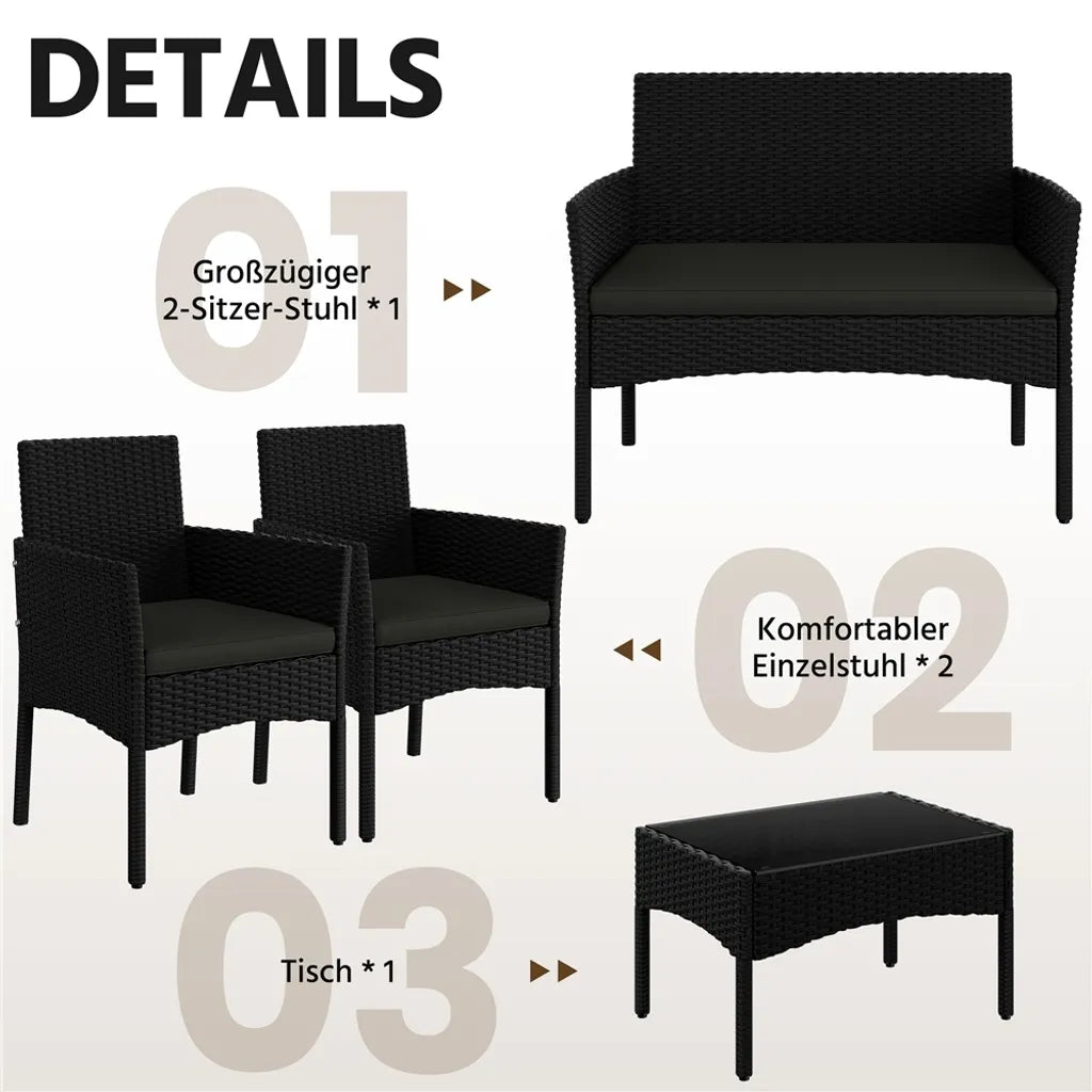Yaheetech 4-delige Loungeset Tuin - Zwart/Grijs - Polyrattan Tuinmeubelset met 2-zitsbank, 2 Stoelen en Salontafel