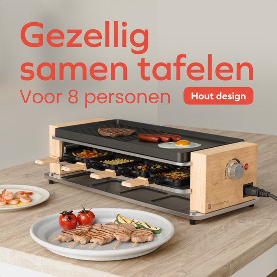 KitchenBrothers Gourmetstel - 950W - Gourmetplaat 8 Personen - Set met Pannetjes en Spatels - 46,5 x 23 cm - Hout/Zwart