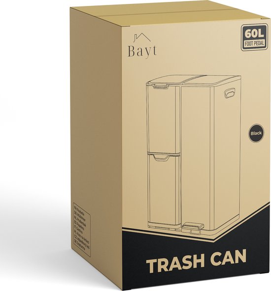 Bayt Prullenbak - Prullenbak 60 Liter - Vuilnisbak 60 Liter - Pedaalemmer 60 Liter - Prullenbak Afvalscheiding - Prullenbak 3 Vakken - Afvalbak - RVS - Zilver