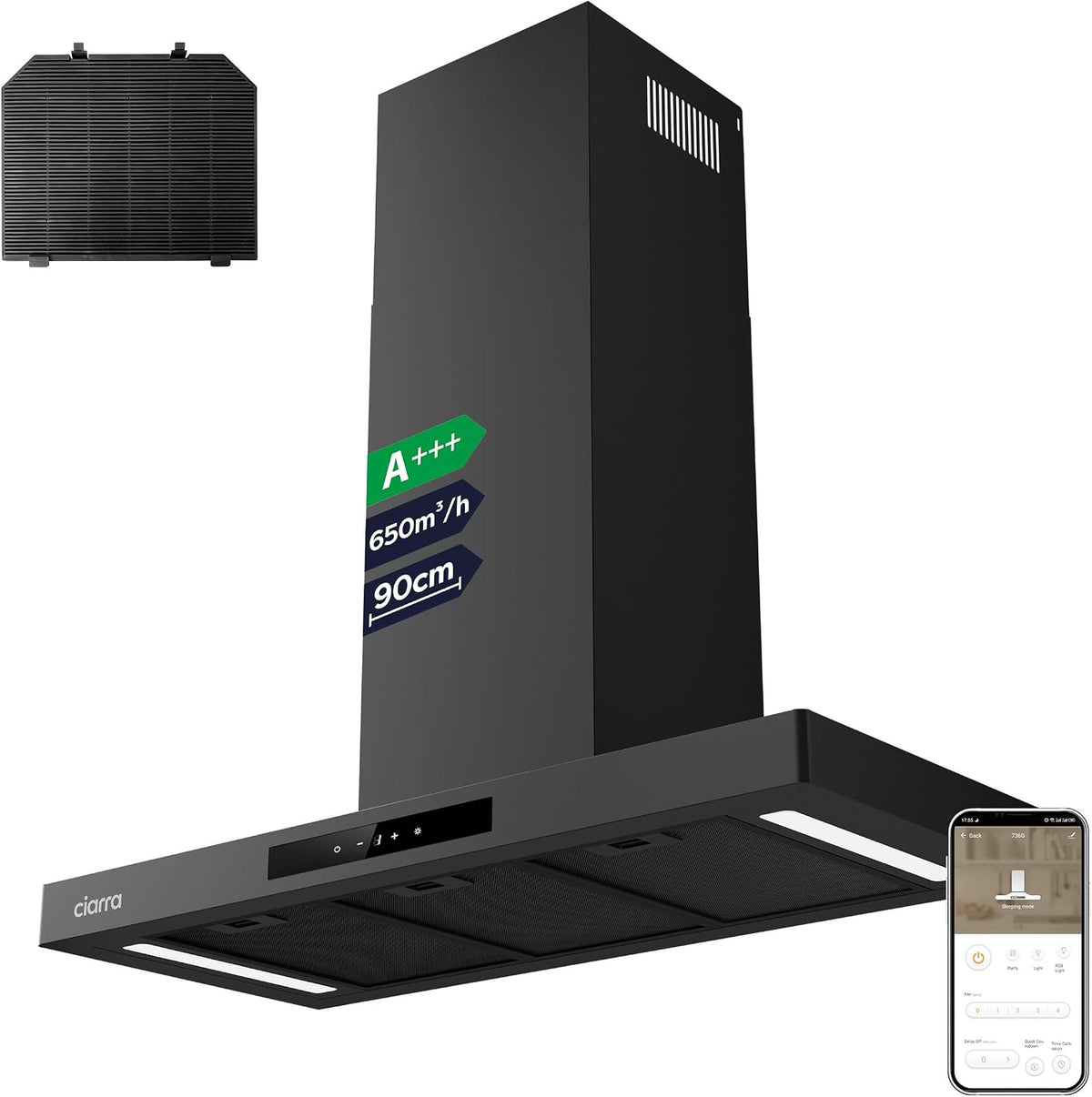 Ciarra CBCB9102-P afzuigkap - 90 cm - Zwart - Wifi en touchbediening