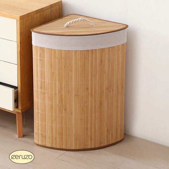 Ceruzo Bamboe Wasmand - Hoek Model - 72L - Vouwbaar - Deksel - 35 x 35 x H 60 cm- Naturel
