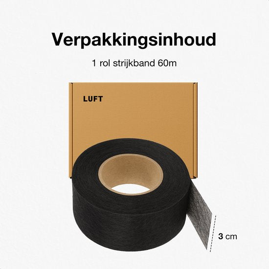 Strijkband - 60 meter - 3 cm breed - Zoomband - Instrijkbaar - Gordijnband - Kantenband - Plooiband - Vlieseline - Opstrijkbaar - Zwart