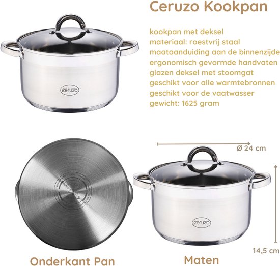 Ceruzo Kookpan - RVS - Diameter 24 cm - H 14,5 cm - 6,3 L - alle Warmtebronnen