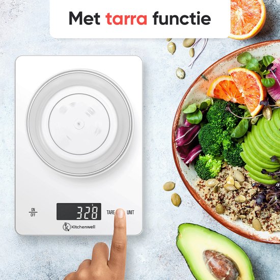 Kitchenwell Digitale Precisie Keukenweegschaal – Weegschaal Keuken - 1gr - 15kg – Tarra Functie - USB Oplaadbaar - Wit