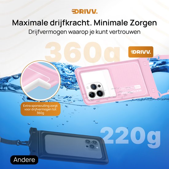 Drivv. Luxe Waterdicht Telefoonhoesje – Drijvend - Dubbele Klipsluiting - Tot 6.8 inch – Onderwater Hoesje telefoon - Roze