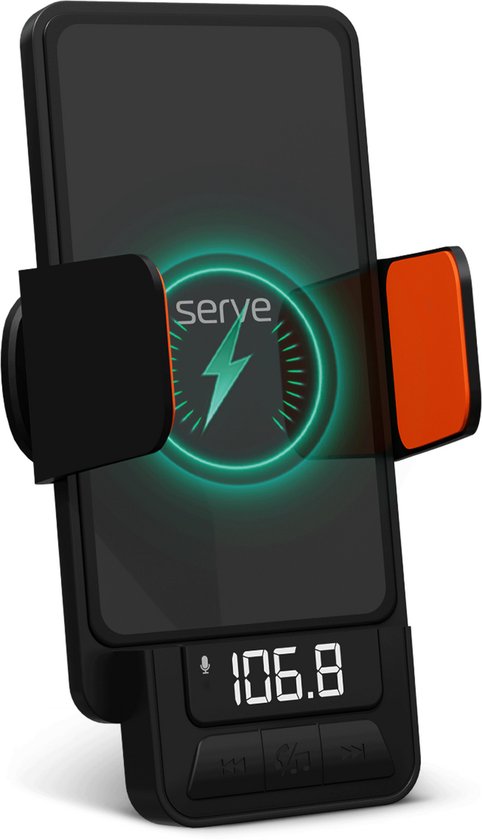 Serve 3in1 Bluetooth FM Transmitter, Telefoonhouder Auto & Draadloze Snellader 15W - Carkit voor Muziek - Telefoonhouders Auto Accessoires - Touchless Autolader - Ventilatie Houder