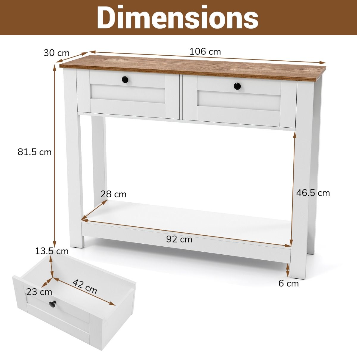 Coast Console Tafel - 2 lades - 2 niveaus - smal - wit en naturel
