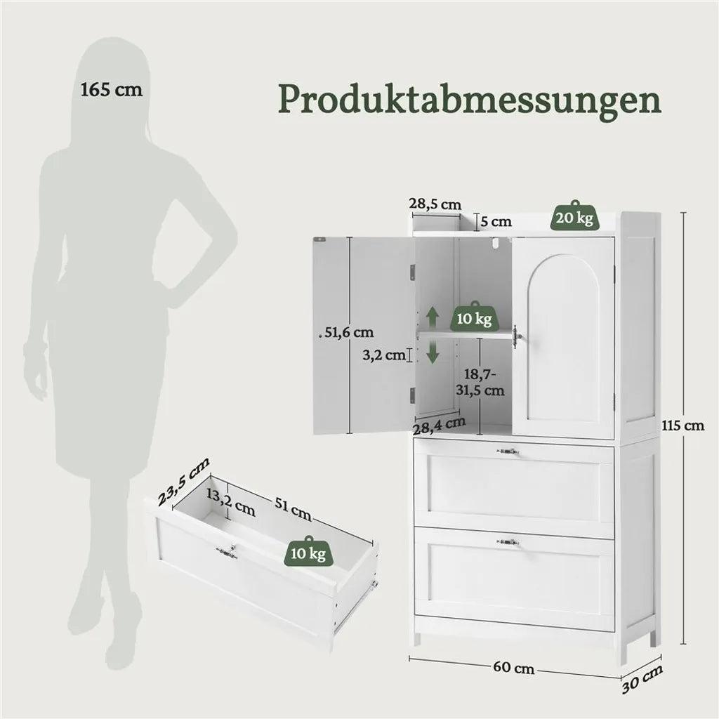 Yaheetech Badkamerkast met 2 Deuren en 2 Lades, 60x30x115 cm, Wit