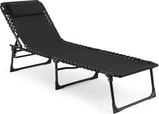 909 OUTDOOR Opvouwbare Ligstoel - Ligbed met Kussen & Verstelbare Rugleuning - Zwarte Tuinstoel voor Tuin en Terras - Relaxstoel tot max. 110 kg - 189 x 59 x 30 cm