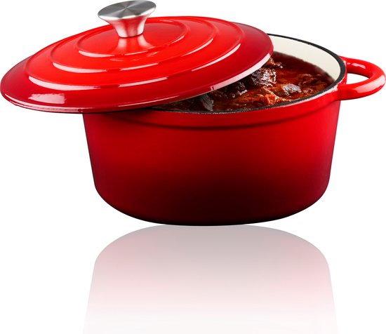 alpina Braadpan Gietijzer met Deksel - Bakpan ⌀ 24 cm - Alle Warmtebronnen - Rood