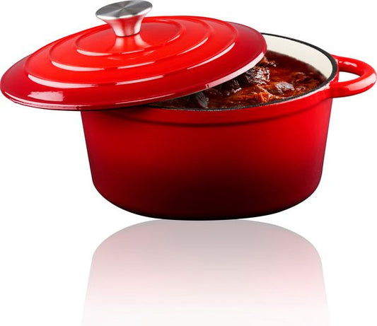 alpina Braadpan Gietijzer met Deksel - Bakpan ⌀ 24 cm - Alle Warmtebronnen - Rood