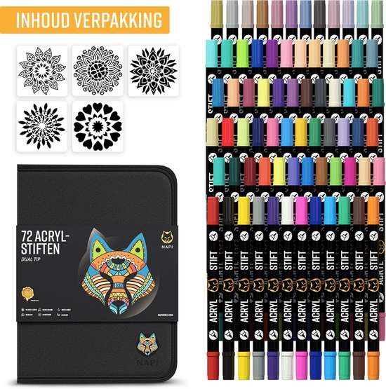 NAPI 72 Acrylstiften Dual Tip - Twinmarkers - Verfstiften Happy Stones - Stenen Schilderen met Acryl Verf Marker Stiften - Volwassenen en Kinderen - Incl. 5 Mandala Sjablonen
