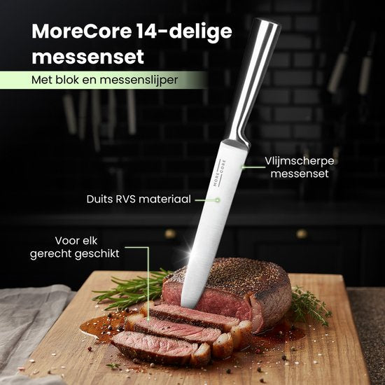 MoreCore Messenset met Blok en Messenslijper - Messenblok - Keukenmessen - Inclusief Keukenschaar - Koksmes - Krasbestendige - RVS - Zilverkleurig/Zwart - Vaderdag Cadeau
