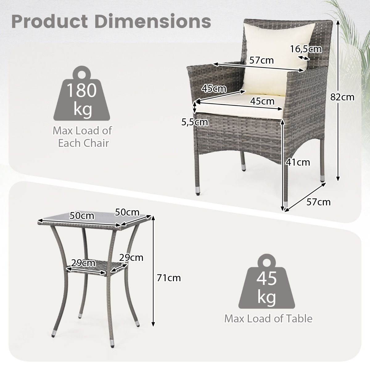 Coast 3-delige tuinset - 2 rotan tuinstoelen met kussens - bijzettafel met gehard glas - grijsmix