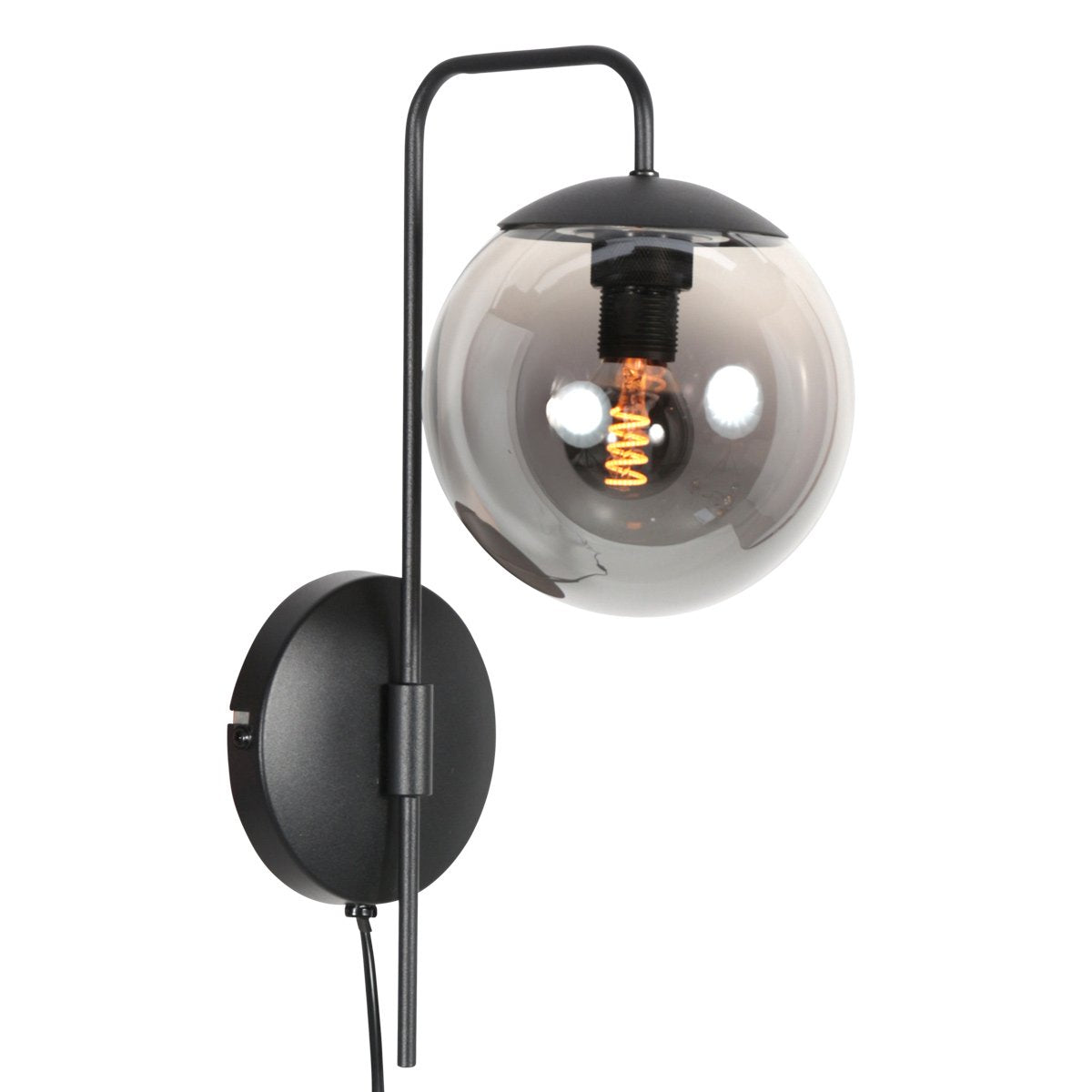 Wandlamp Bollique 4609ZW zwarte metalen wandlamp met smoke glas, E14 fitting, trendy stijl - Steinhauer