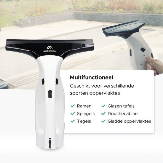 Motionflow Vacuüm Raamwisser met verlengstuk 61cm - Raamtrekker met Telescoopsteel - Elektrische ruitenreiniger met inwasser - Ramenwasser Oplaadbaar - Raamzuiger Wit / Zwart