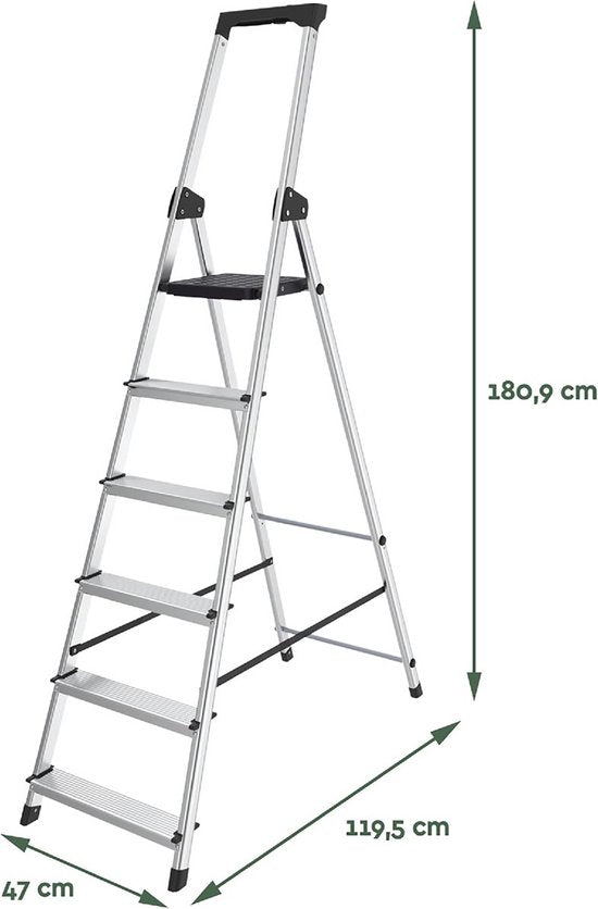 BRASQ Huishoudtrap 6-treden Zilver - keukentrap inklapbaar aluminium voor particulier en professioneel gebruik - Trap Ladder - Anti slip