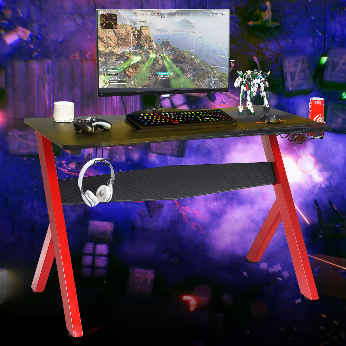 Coast GamingTisch Computertabel Gaming Desk met beker en hoofdtelefoonhouder en muiskussen voor thuiskantoorspeelkamer