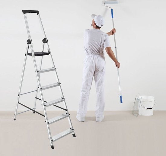 BRASQ Huishoudtrap 6-treden Zilver - keukentrap inklapbaar aluminium voor particulier en professioneel gebruik - Trap Ladder - Anti slip