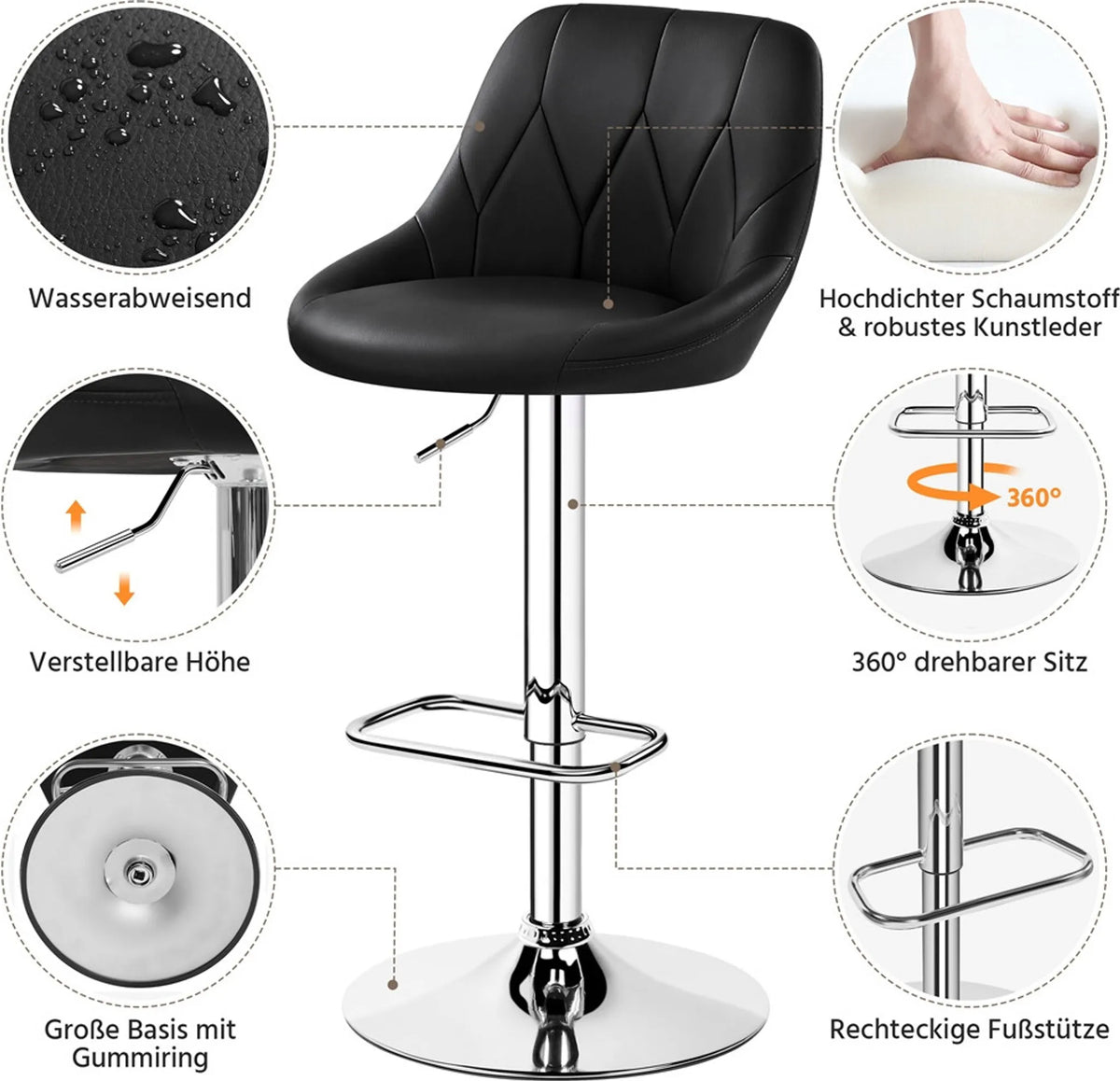 Yaheetech Set van 2 Verstelbare Barstoelen met Rugleuning 86-107,5 cm – Strak Zwart – Kunstleder en Metaal