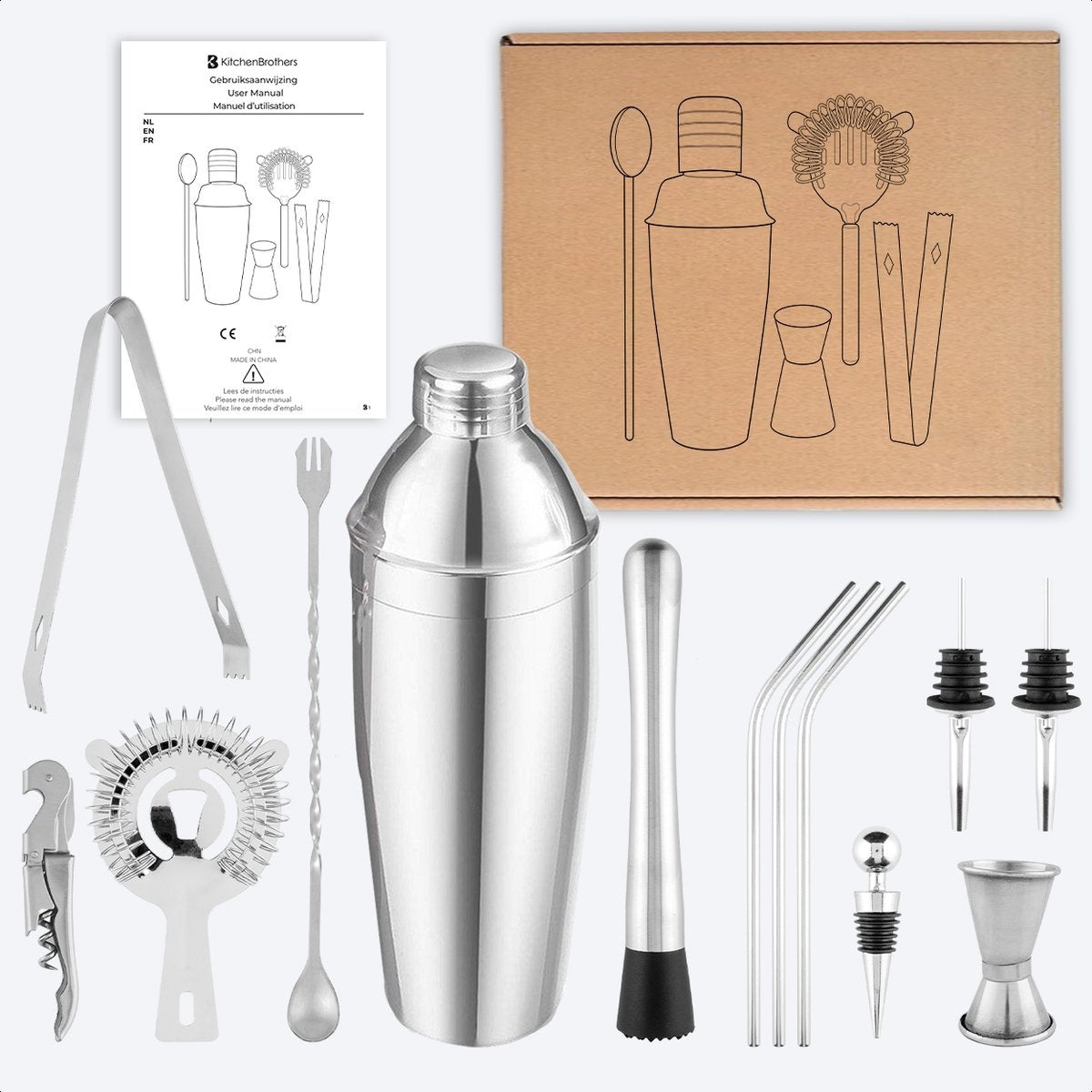 KitchenBrothers Cocktail Set met Cocktailshaker - 13 Delig - Complete Set - Cadeauverpakking - RVS