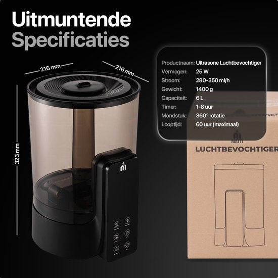 MATTI® - Luchtbevochtiger - Luchtbevochtigers 6L - Humidifier - Koele & Warme Mist - Ultrasoon