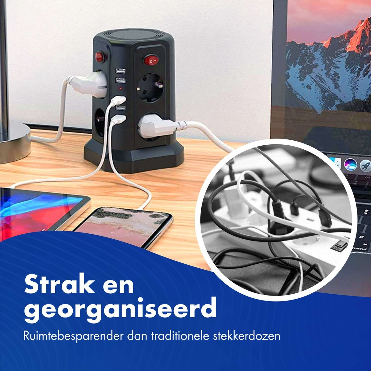 Stekkerdoos met Schakelaar en USB - Energiebesparende Aan/Uit Knoppen - Stekkerblok - Verdeelstekker - Powercube - Zwart - 3 Meter Kabel
