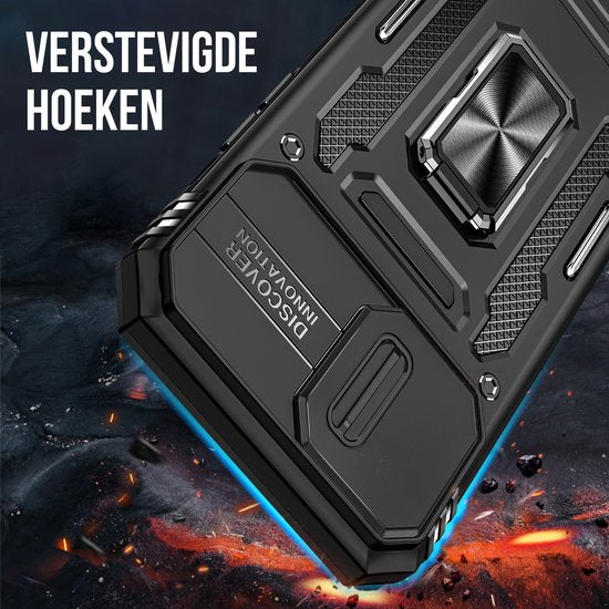 Podec Hoesje geschikt voor iPhone 12 Pro Zwart Telefoonhoesje - Anti-Shock Case Cover Hybrid Armor Hoes met Kickstand Ring met Screenprotector