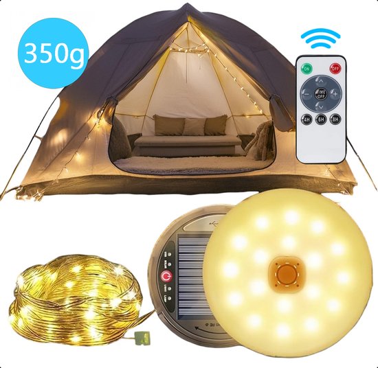 Tech Essentials Solar Camping Lichtsnoer - 100LEDs - 10M - Warm-Wit Licht - Tentlamp - USB-Oplaadbaar - Met Afstandsbediening - Oprolbaar - Kampeerlamp - Zonneenergie Hanglamp - Nood