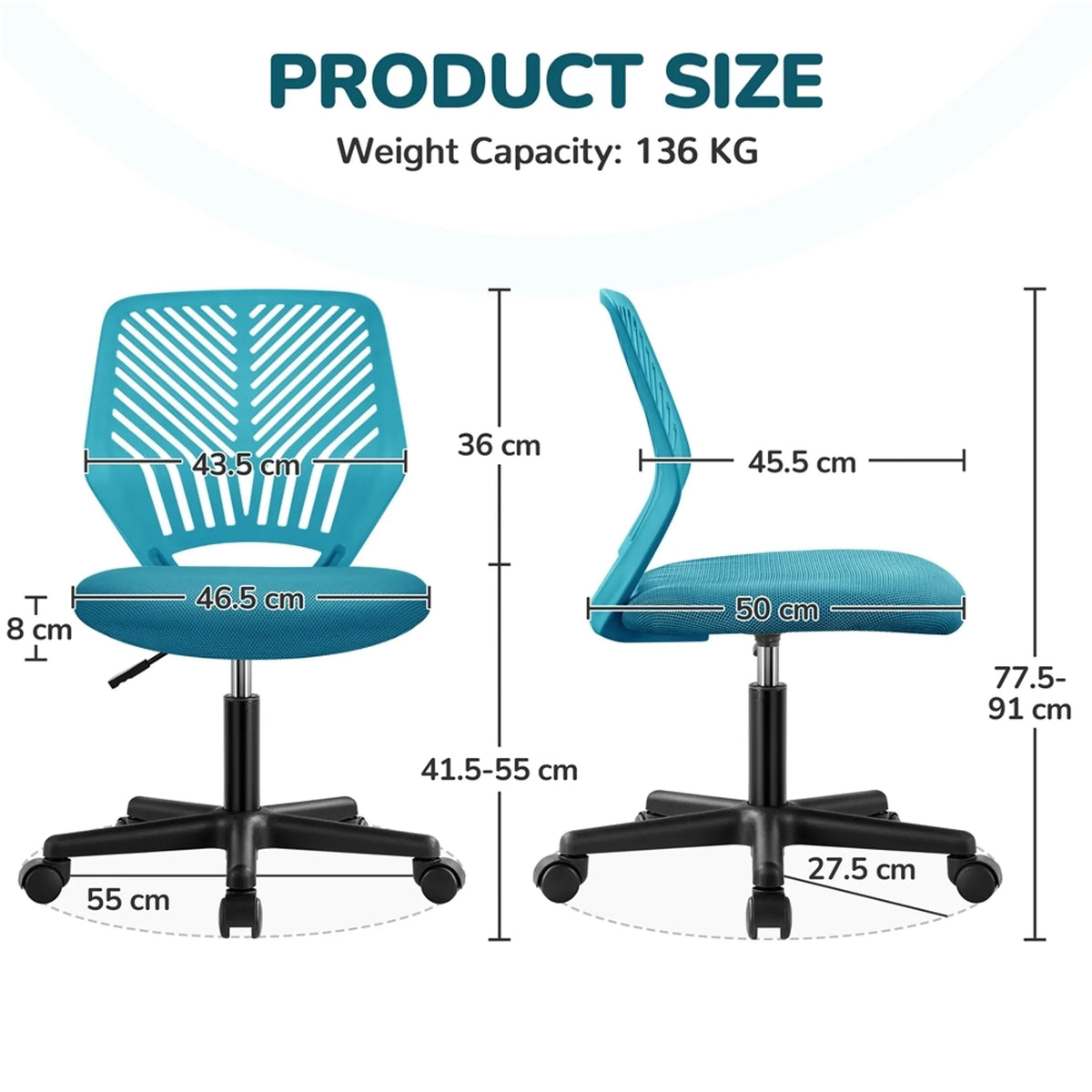 Yaheetech Bureaustoel Zonder Armleuningen – Voorzien Van In Hoogte Verstelbare Gaslift En 360° Draaibare Wielen En Zachte Schuimvulling – Voor Kantoor En Studeerkamer – Zwart Polyester En Nylon – 50 x 55 x 79-92 cm