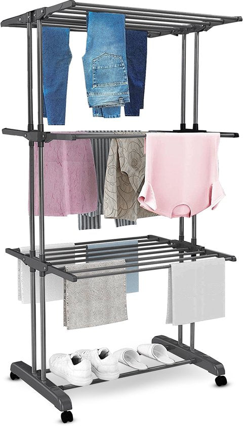 Vonia Droogtoren - Droogrek - Wasrek - Wastoren - 3 Lagen - Inklapbaar - 72x50x172 cm - DonkerGrijs