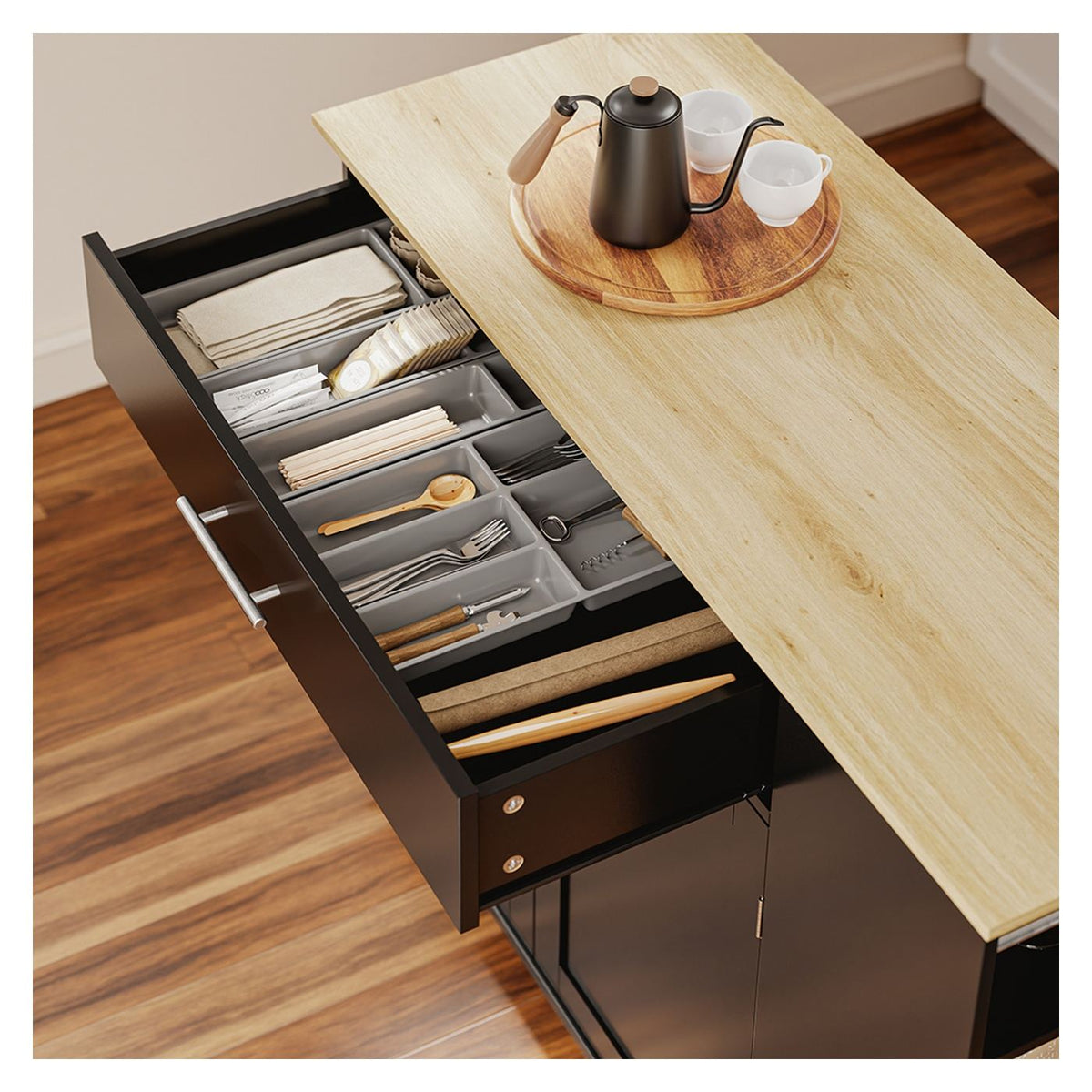 SoBuy Keukentrolley 99 x 40 x 84,3 cm - Zwart - 2 Deuren - Lade - 4 Wielen