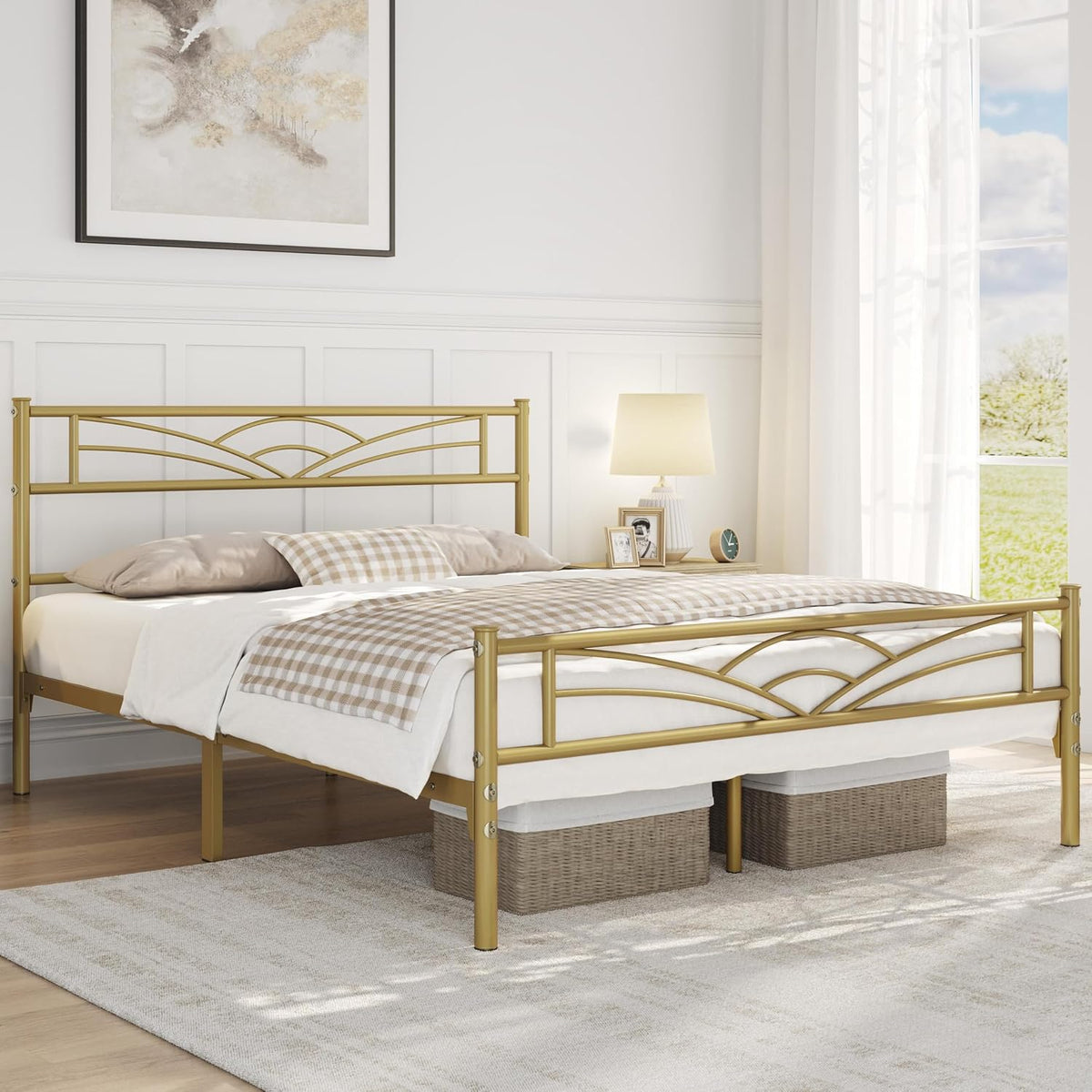 Yaheetech Metalen Bedframe 140 x 200 cm – Antiek Goud – Modern Jeugdbed met Lattenbodem en Ruime Opbergruimte