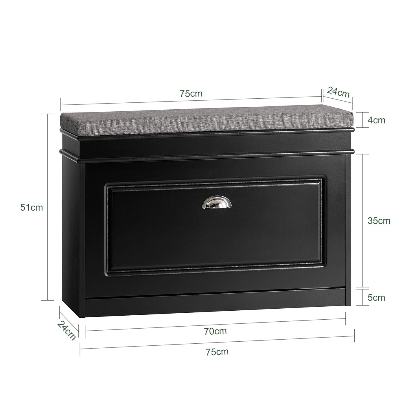 SoBuy Schoenenkast met gestoffeerde zitting - MDF - Max. 150 kg - 75 x 24 x 51 cm - Zwart/ Grijs